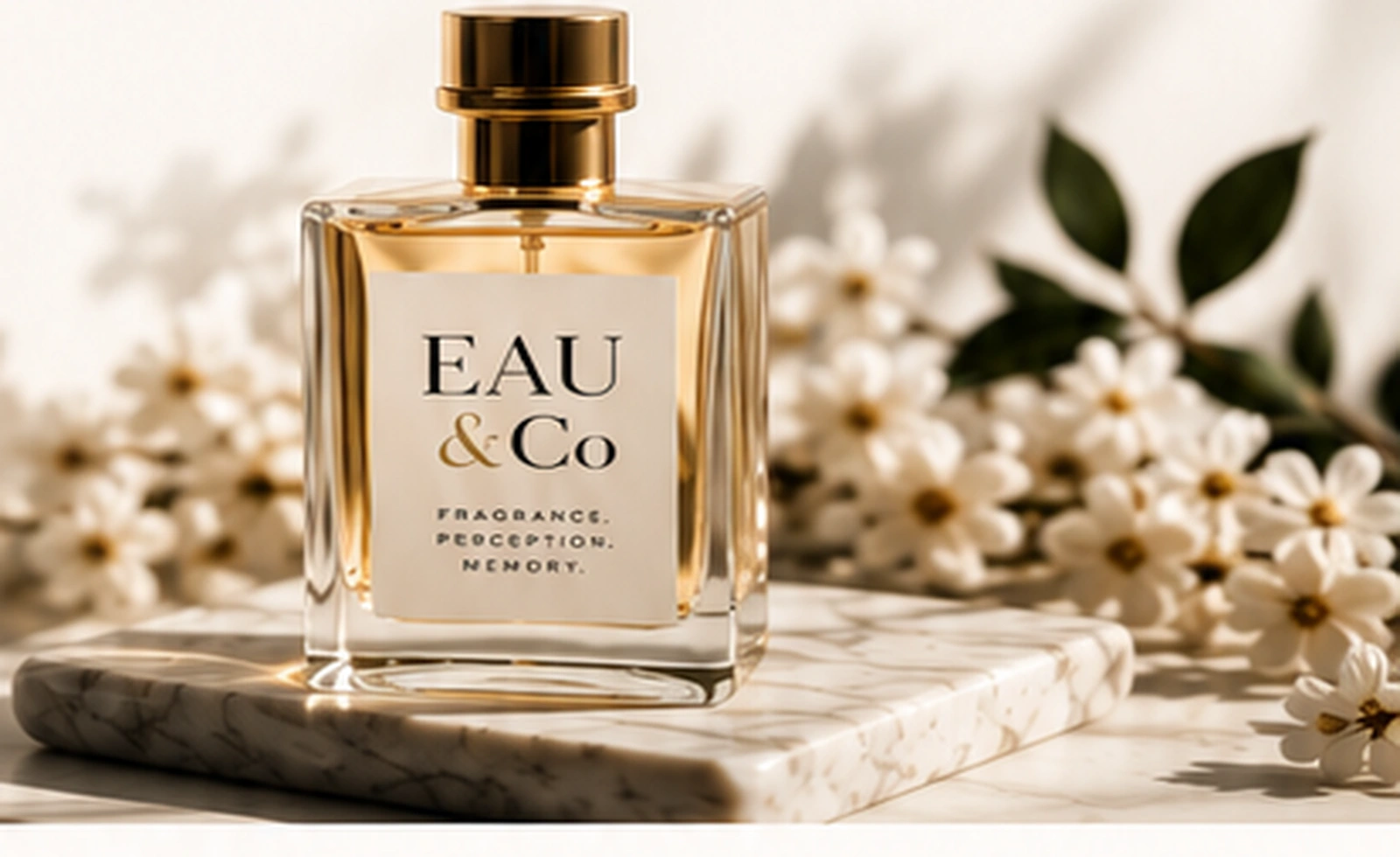 EAU & Co luxury fragrance consultation — perfume bottle with florals